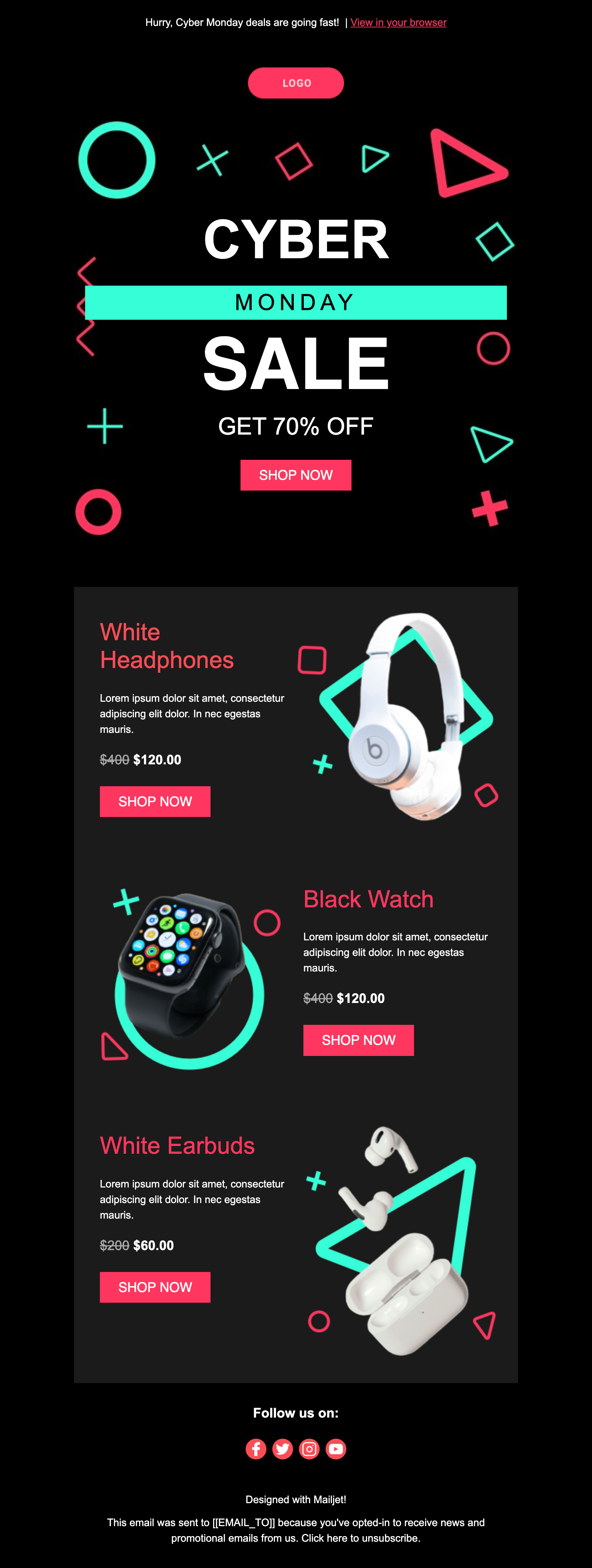 Plantilla para Cyber Monday con elementos en neón.