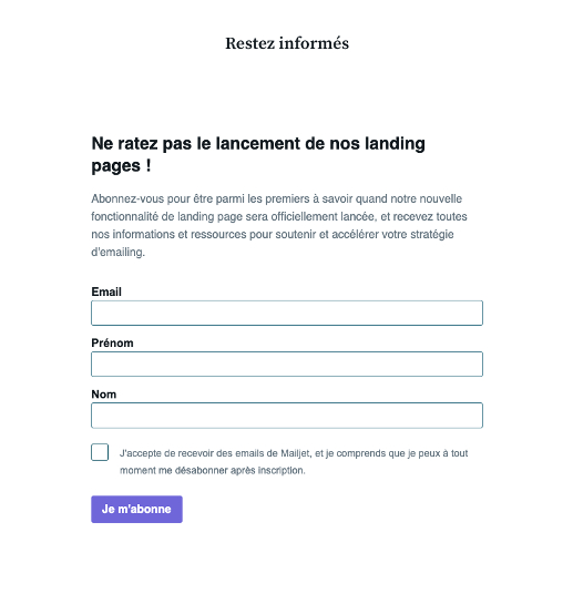 Le formulaire d’inscription à recevoir des notifications de mise à jour sur la fonctionnalité de landing pages de Mailjet