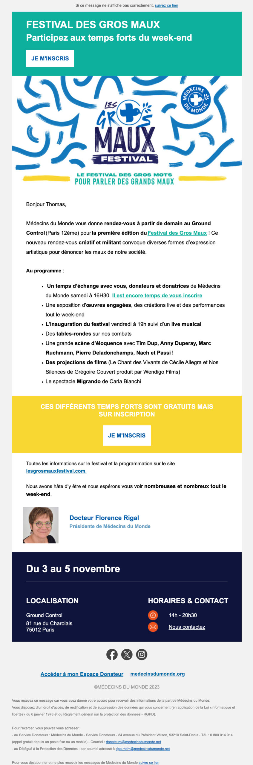 Capture d’écran d’un email envoyé par Médecins du Monde
