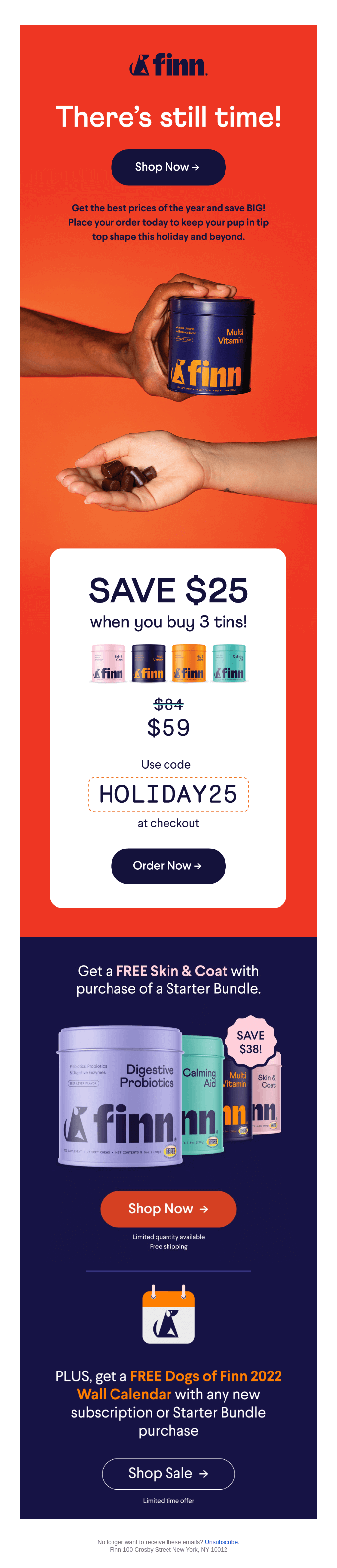 La newsletter de Navidad de compras de última hora de la marca de cuidado de mascotas Finn