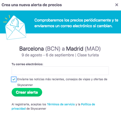 Ejemplo de opt in de la página de Skyscanner con una casilla que marcar