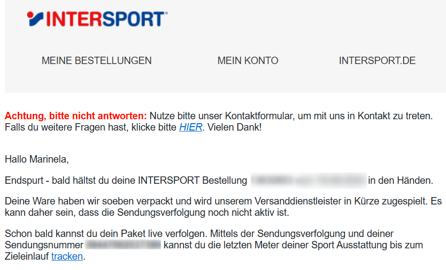 Transaktionsmail von Intersport mit persönlicher Ansprache.