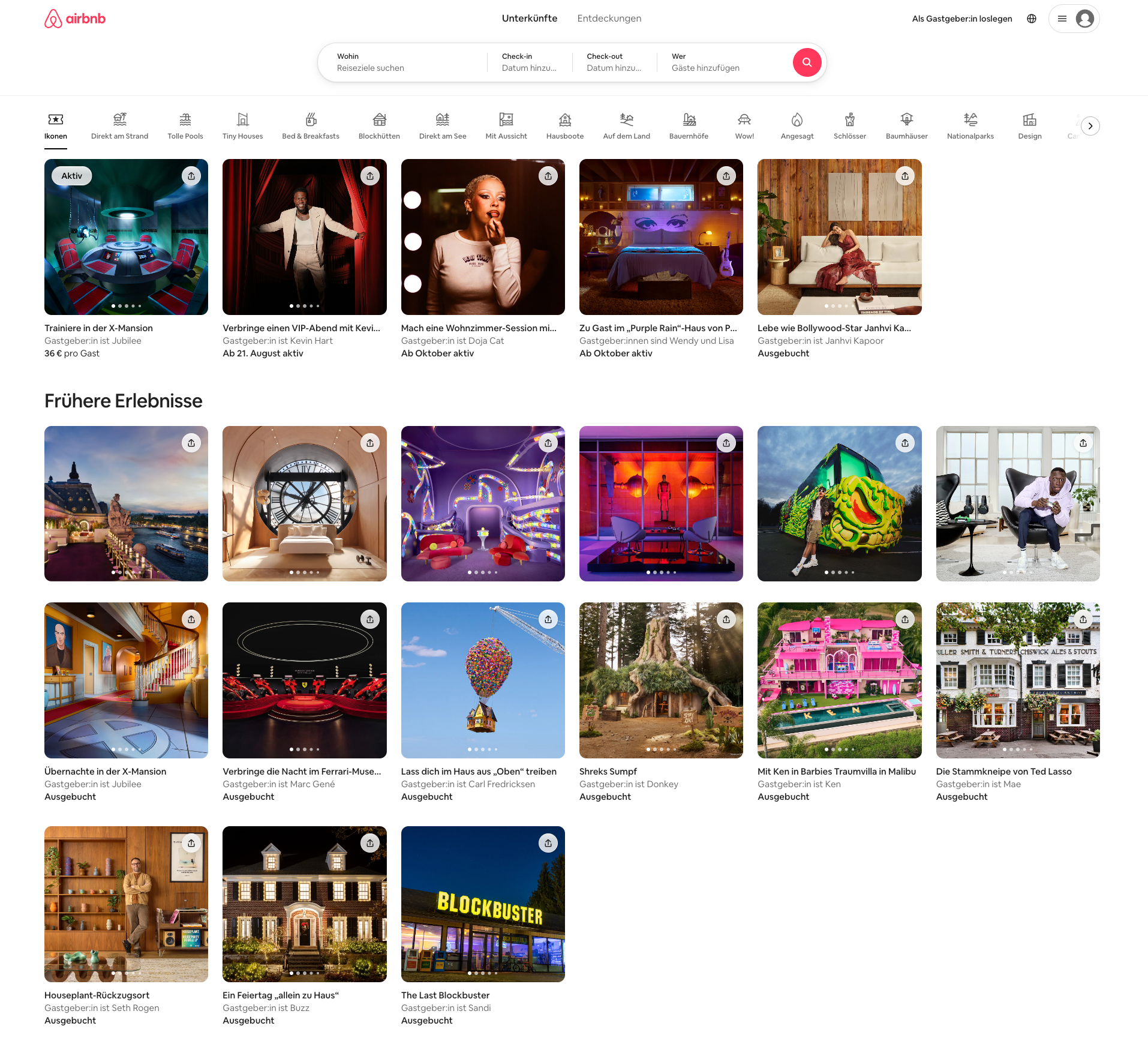 Auch Airbnb hat eine interessante Produktseite, die auf den ersten Blick die verschiedenen Möglichkeiten für Wohnungen und Events (nicht nur in Deutschland) zeigt, sich aber nicht auf ein bestimmtes Produkt bezieht.