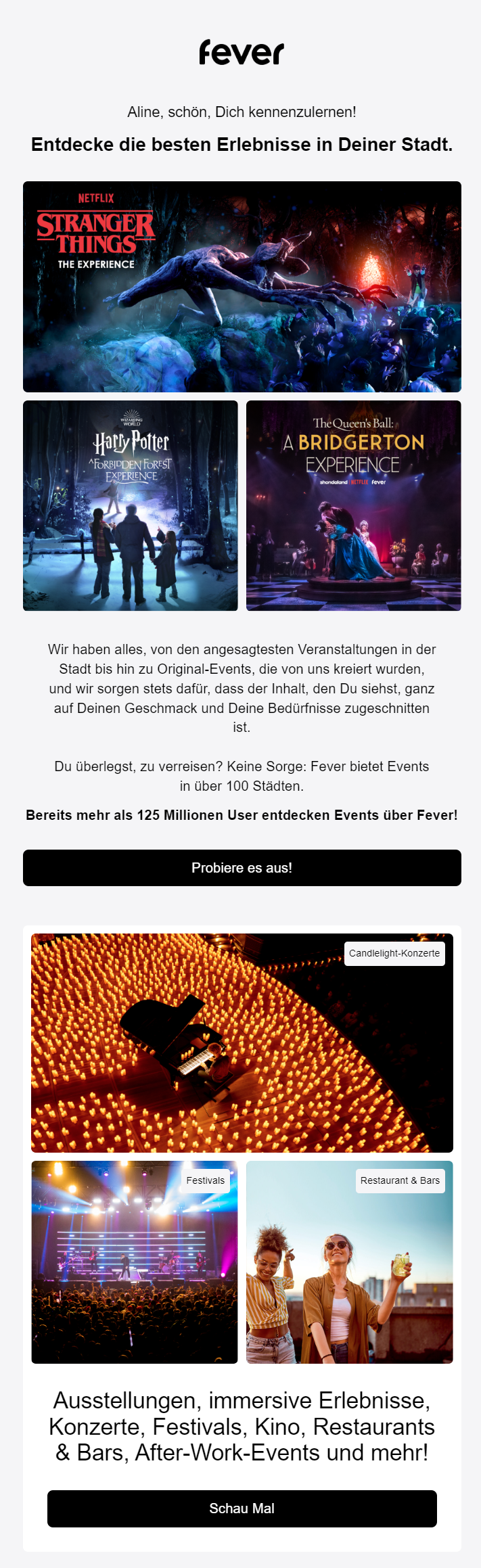 Ausschnitt eines Newsletters von Fever der nach einem Kauf verschickt wurde