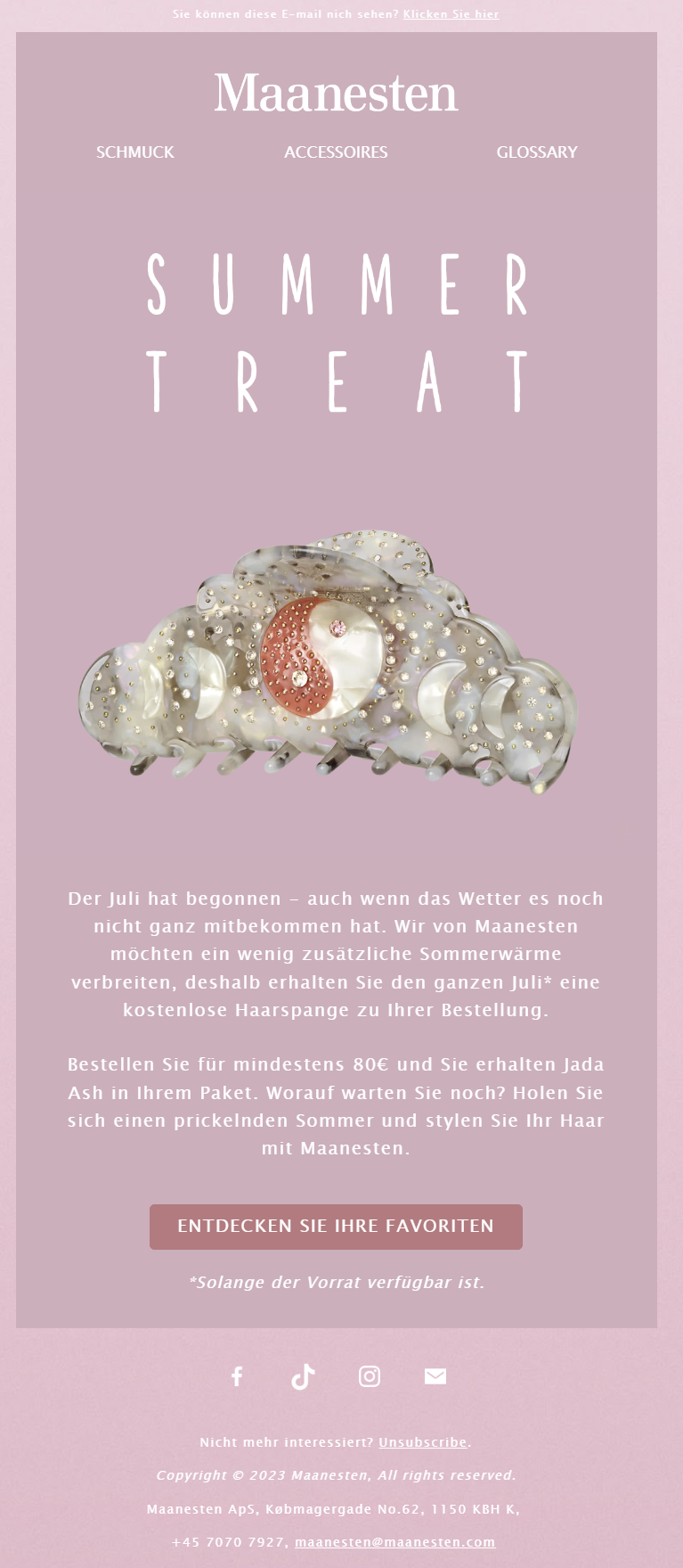 Beispiel für einen Newsletter mit Produktgeschenk für junge Frauen – Rabatte und Angebote sind auf die Zielgruppe zugeschnitten