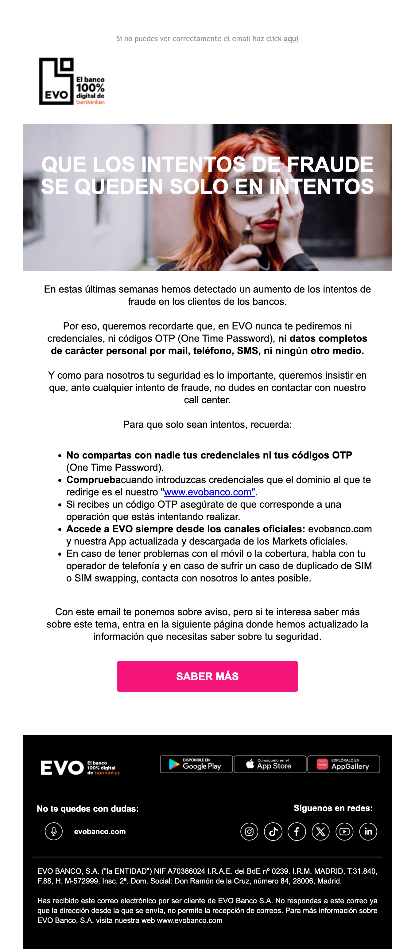 Un ejemplo de email de EVO Banco sobre la política de protección de datos