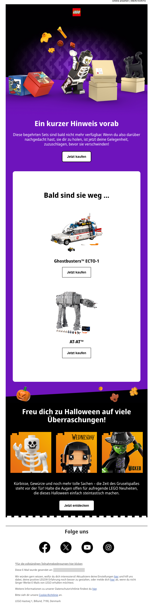 Newsletter von Lego der Herbst und Halloween-Angebote zeigt. Es sind verschiedene Lego-Sets darauf zu sehen.