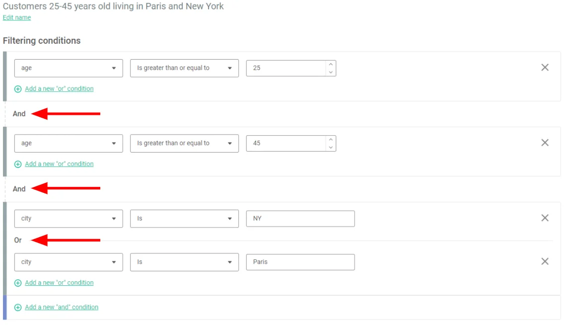 Segmentation filter options in Mailjet