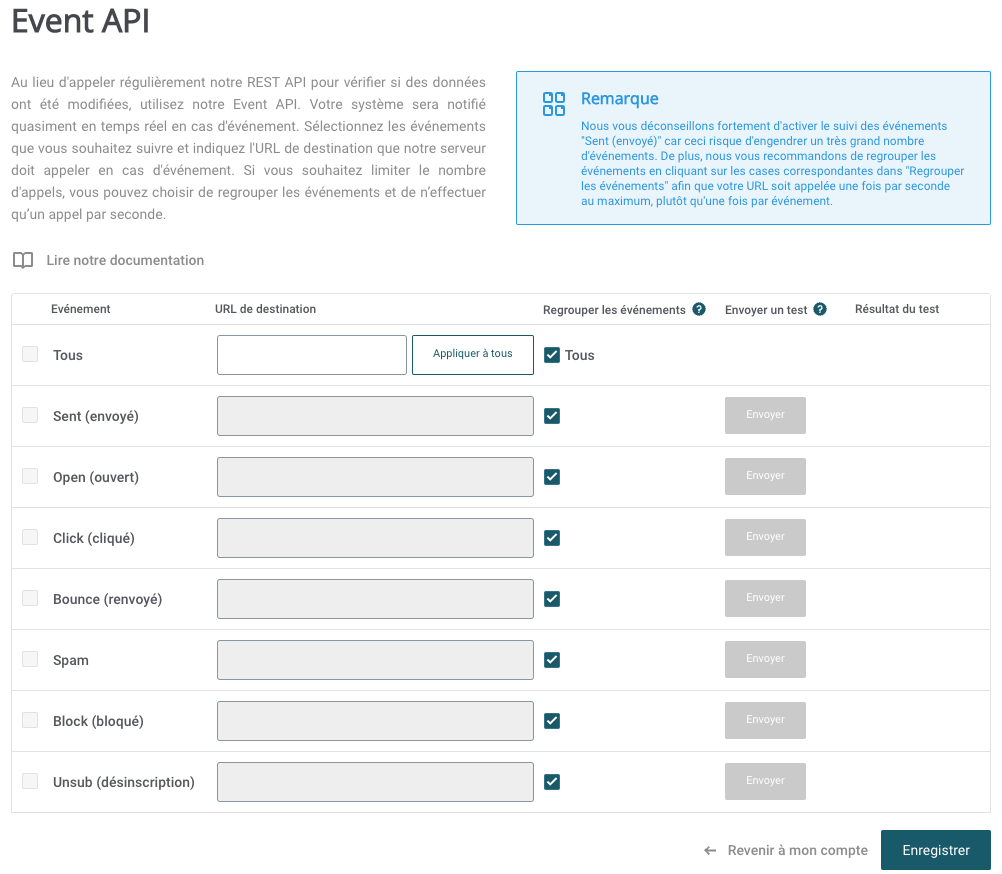 Capture d’écran du panneau de configuration des webhooks dans Mailjet