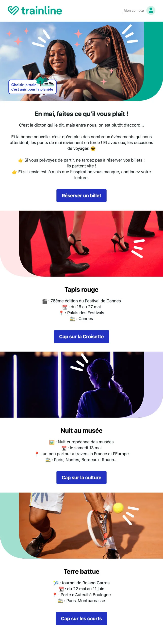 Capture d’écran d’un email envoyé par Trainline, couvrant différents événements ayant lieu en mai