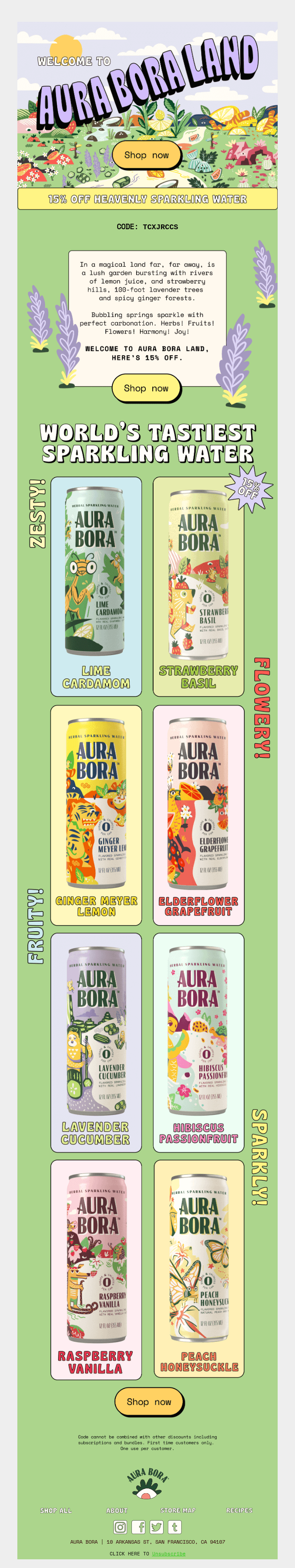 Email with welcome discount code from Aura Bora