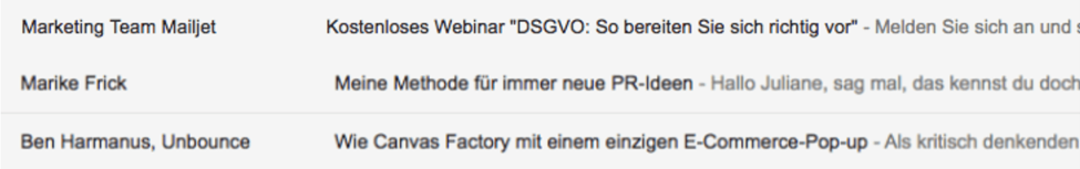 Screenshot aus einem Posteingang, der eindeutige E-Mail-Absendername zeigt.