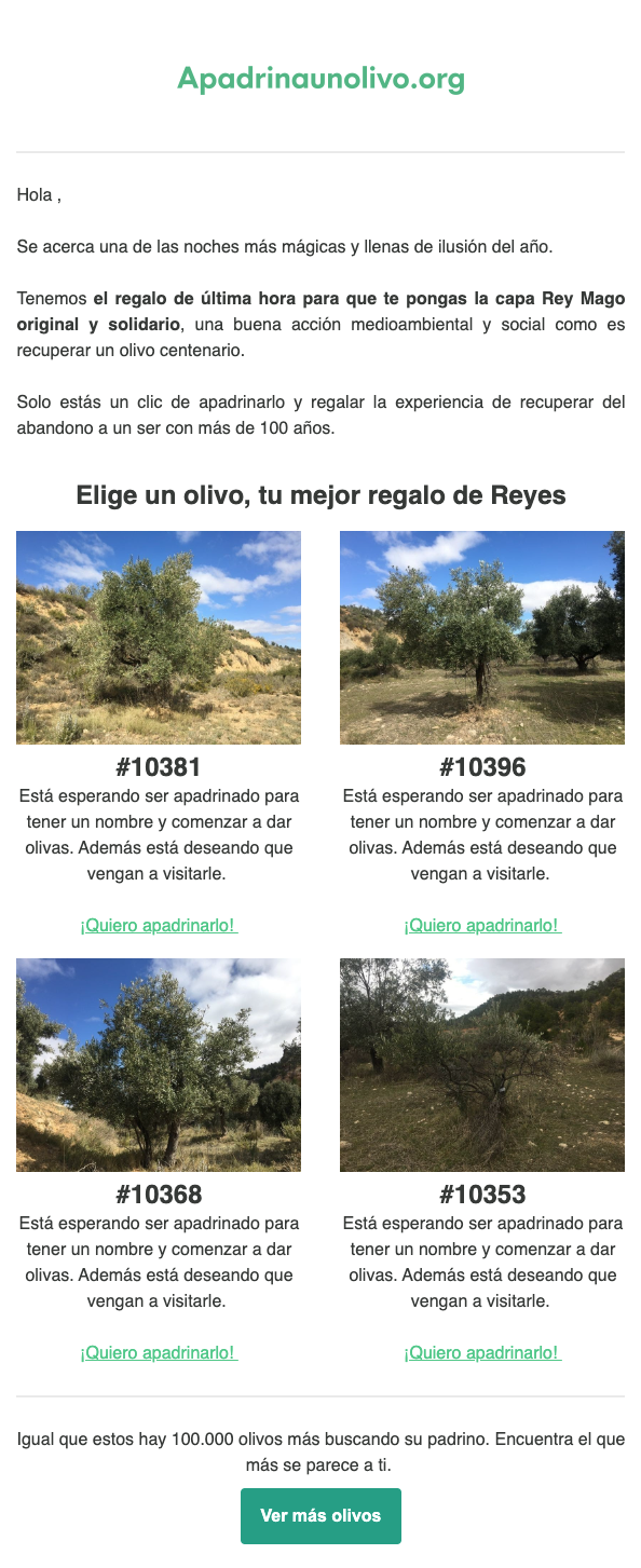 Email de Apadrinaunolivo para la campaña de Reyes.