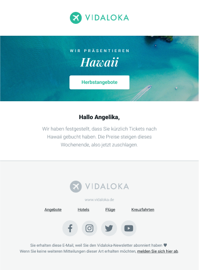 Personalisierter Newsletter von “Vidaloka”, der vor einer Preissteigerung für Flüge warnt.