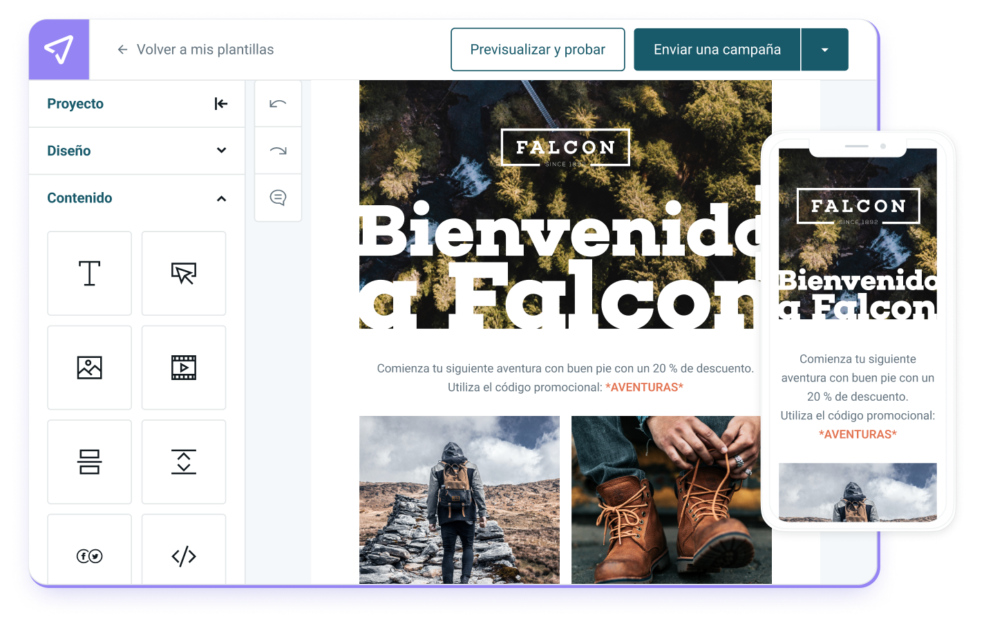 Captura de pantalla del Editor de emails de Mailjet y una previsualización de un email en móvil.