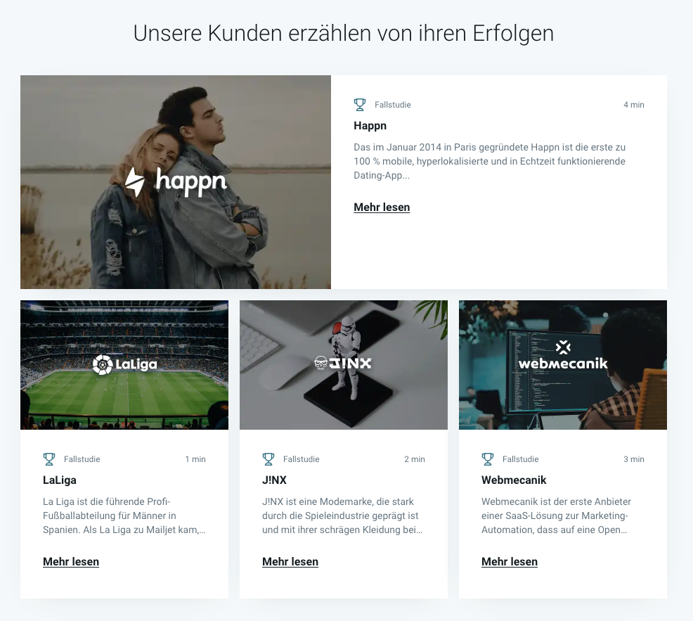 Fallstudien von Mailjet, die auf der Website zu finden sind.