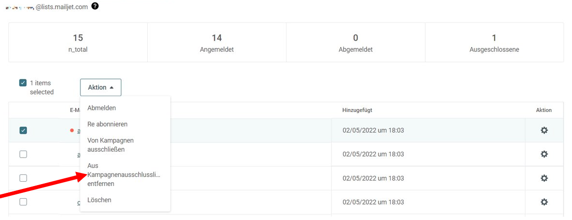 Kontakte manuell entfernen bei Mailjet.