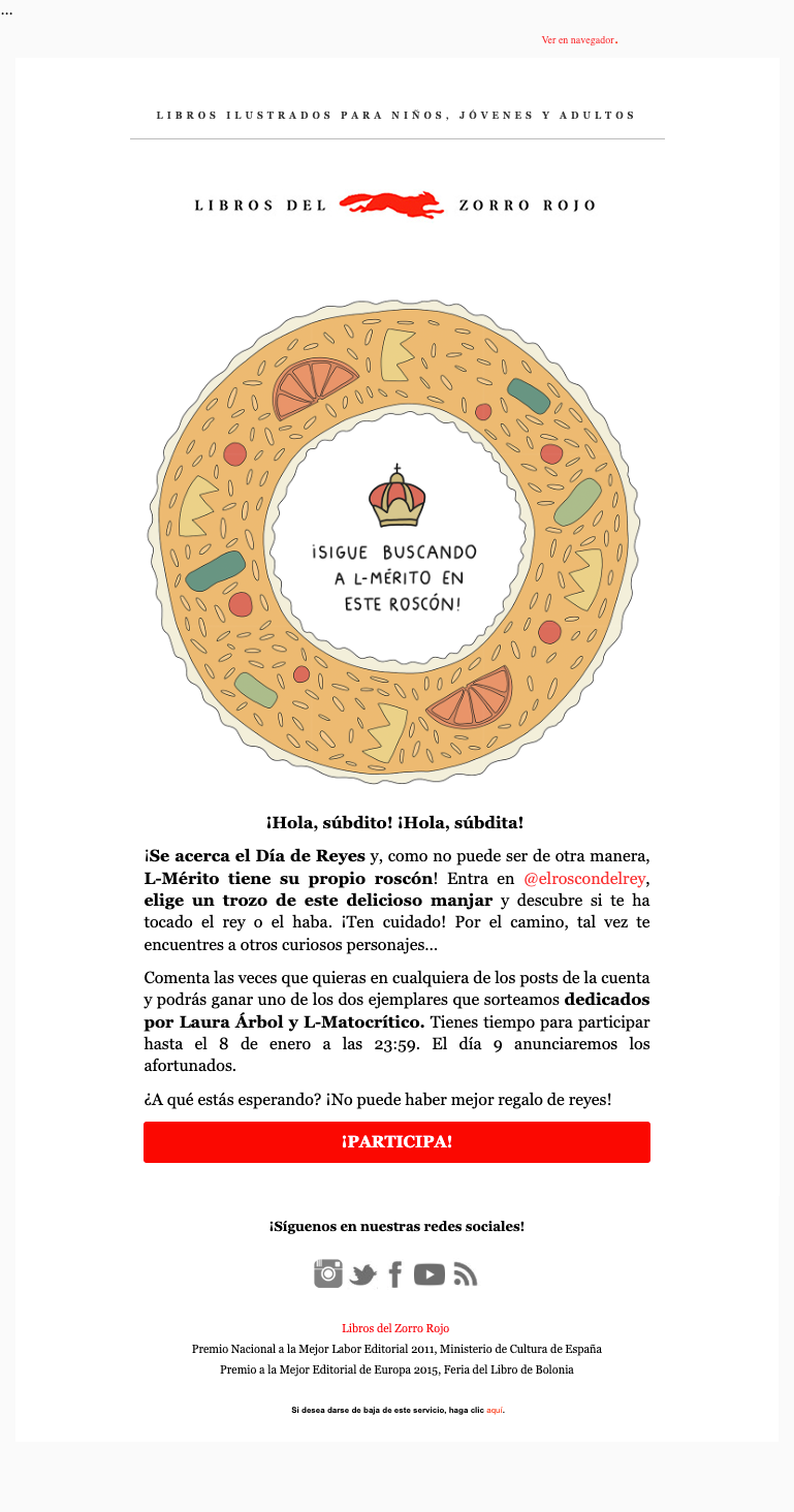 Email de Libros del Zorro Rojo con un roscón como protagonista.
