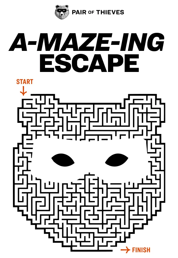An email from Pair of Thieves featuring a maze shaped like a bear with a bandit mask