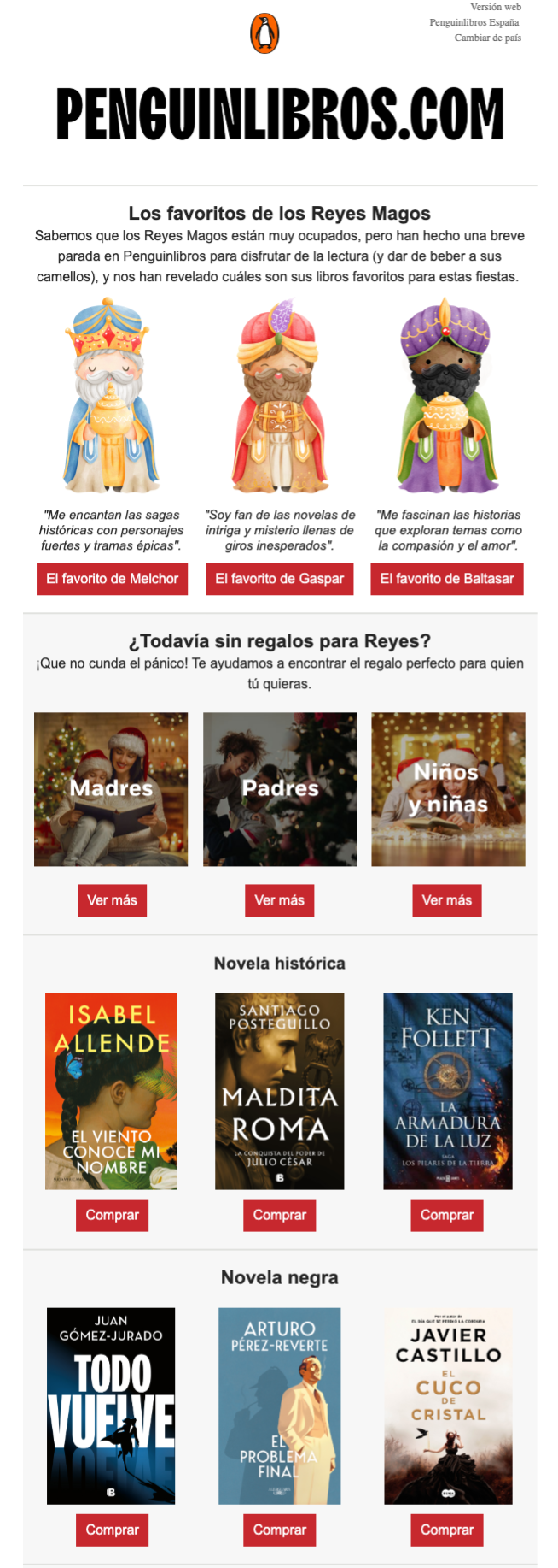 Plantilla de email de Penguin Libros con ilustraciones de los Reyes Magos y sus libros favoritos, categorías de regalos para madres, padres, y niños, además de libros destacados por categoría.