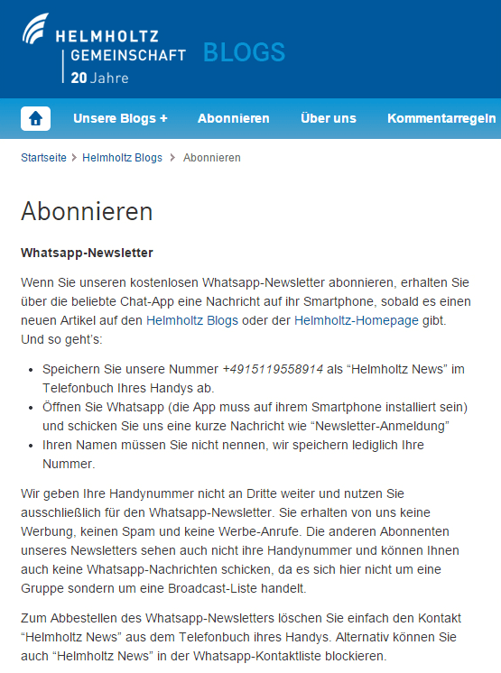 Anmelde- und Anleitungs-Seite vom Helmholtz WhatsApp Newsletter