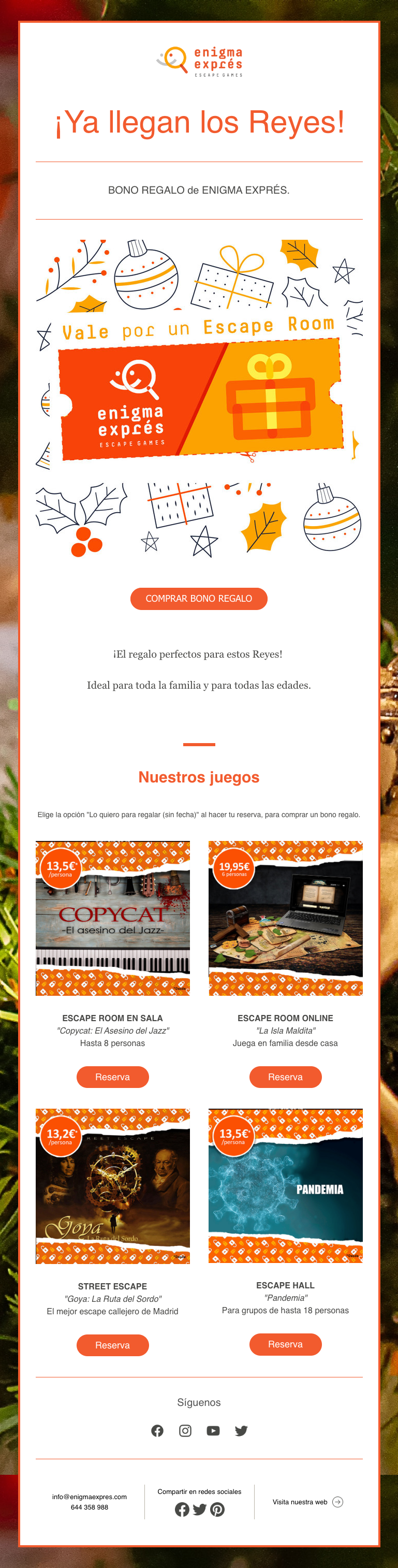 Email de Enigma Express con vales para escape rooms.