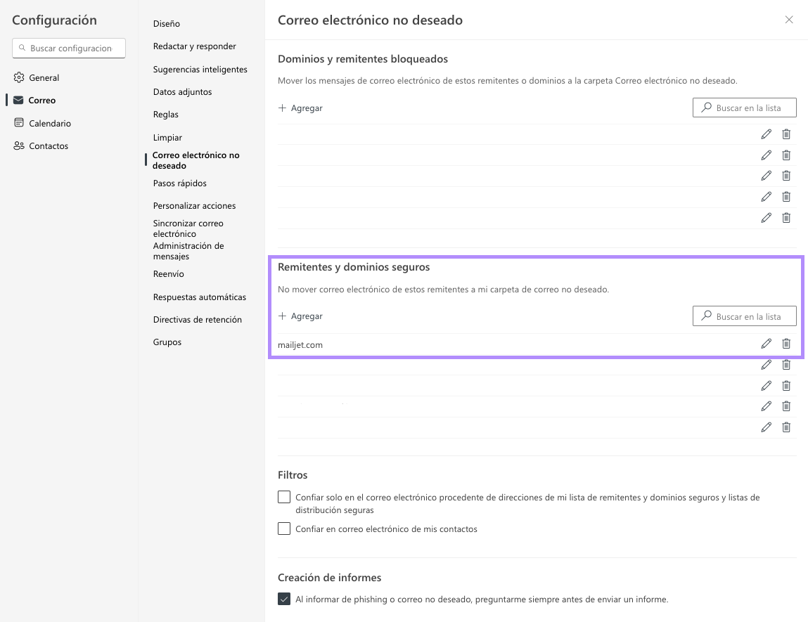 Captura de pantalla que muestra un dominio incluido en la lista blanca en Outlook.