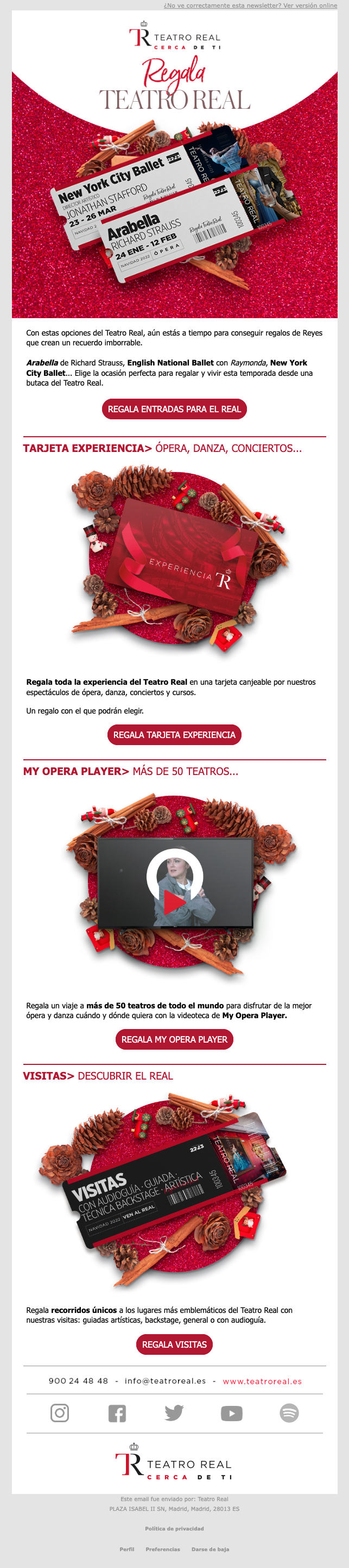 Email del Teatro Real con regalos de última hora.