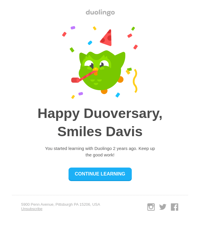 An anniversary email example from Duolingo