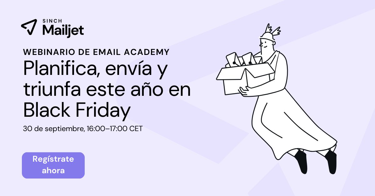 Banner del webinario de Email Academy de Mailjet para promocionar una sesión de planificación de campañas de BFCM y de la temporada navideña, con un personaje ilustrado que sostiene una caja de correos electrónicos y un botón de inscripción