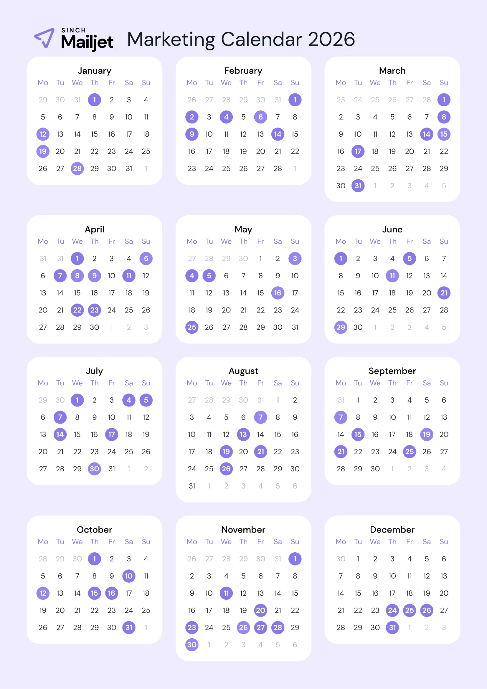 2026 mailjet email marketing calendar
