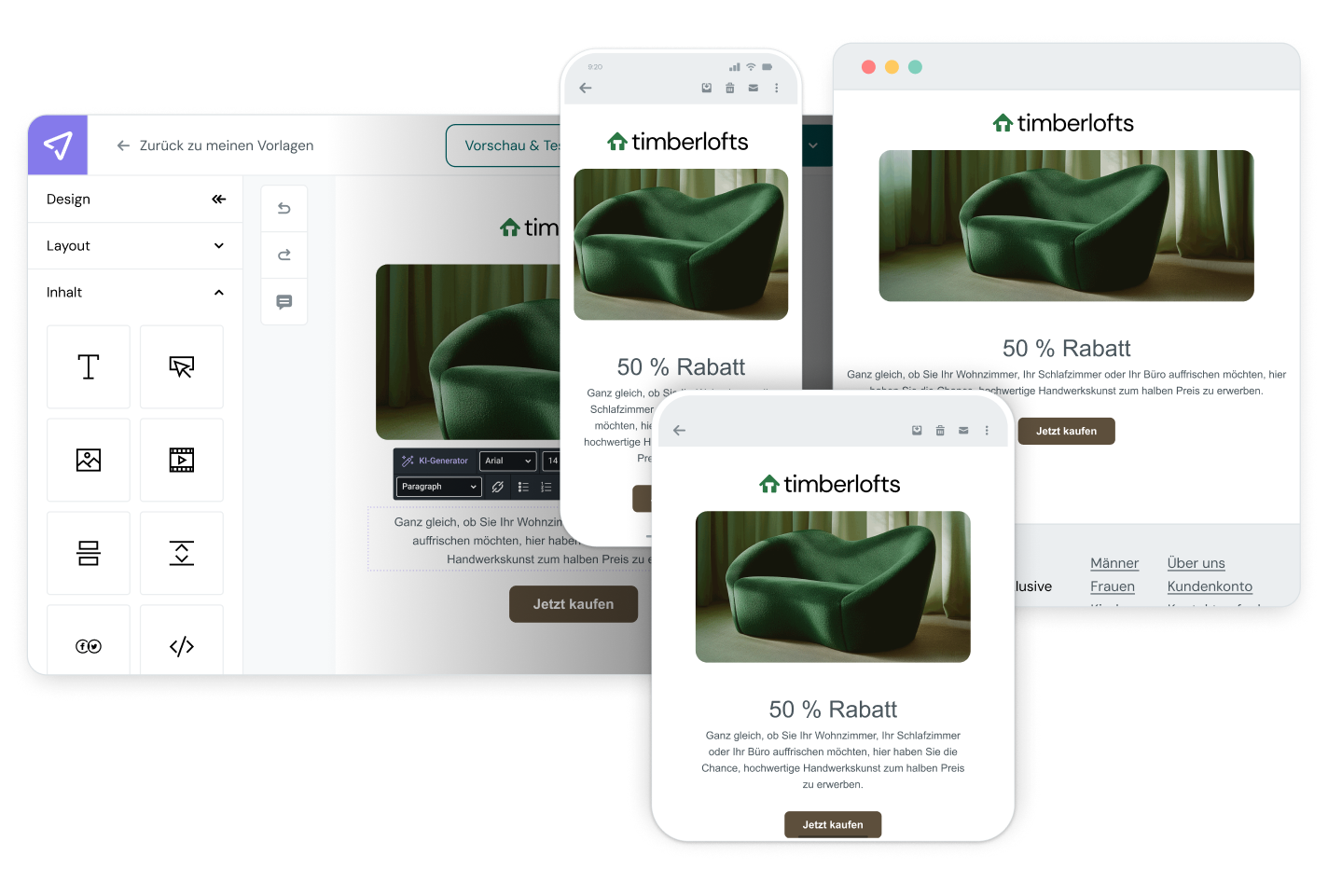 Responsive E-Mail-Vorlagenvorschau mit Sommeraktion auf Desktop- und Mobilbildschirmen im E-Mail-Builder von Mailjet