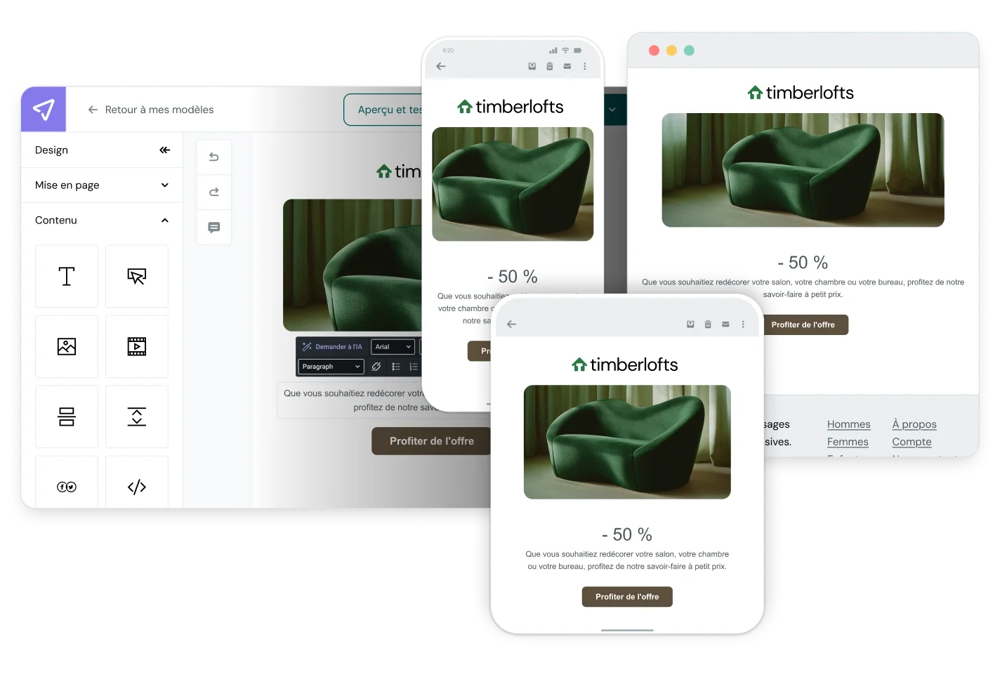 Prévisualisation d'email en responsive design avec une promotion estivale affichée sur écran d'ordinateur et d'appareil mobile dans l'outil de création d'emails de Mailjet.