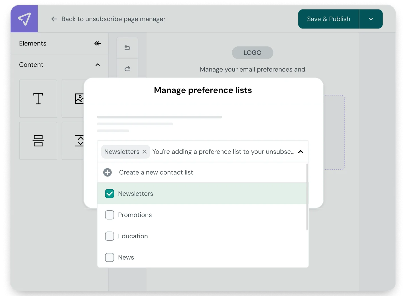 Mailjet Preference Center interface displaying the Manage Preference Lists popup to add or edit contact lists like newsletters, promotions, education, and news.