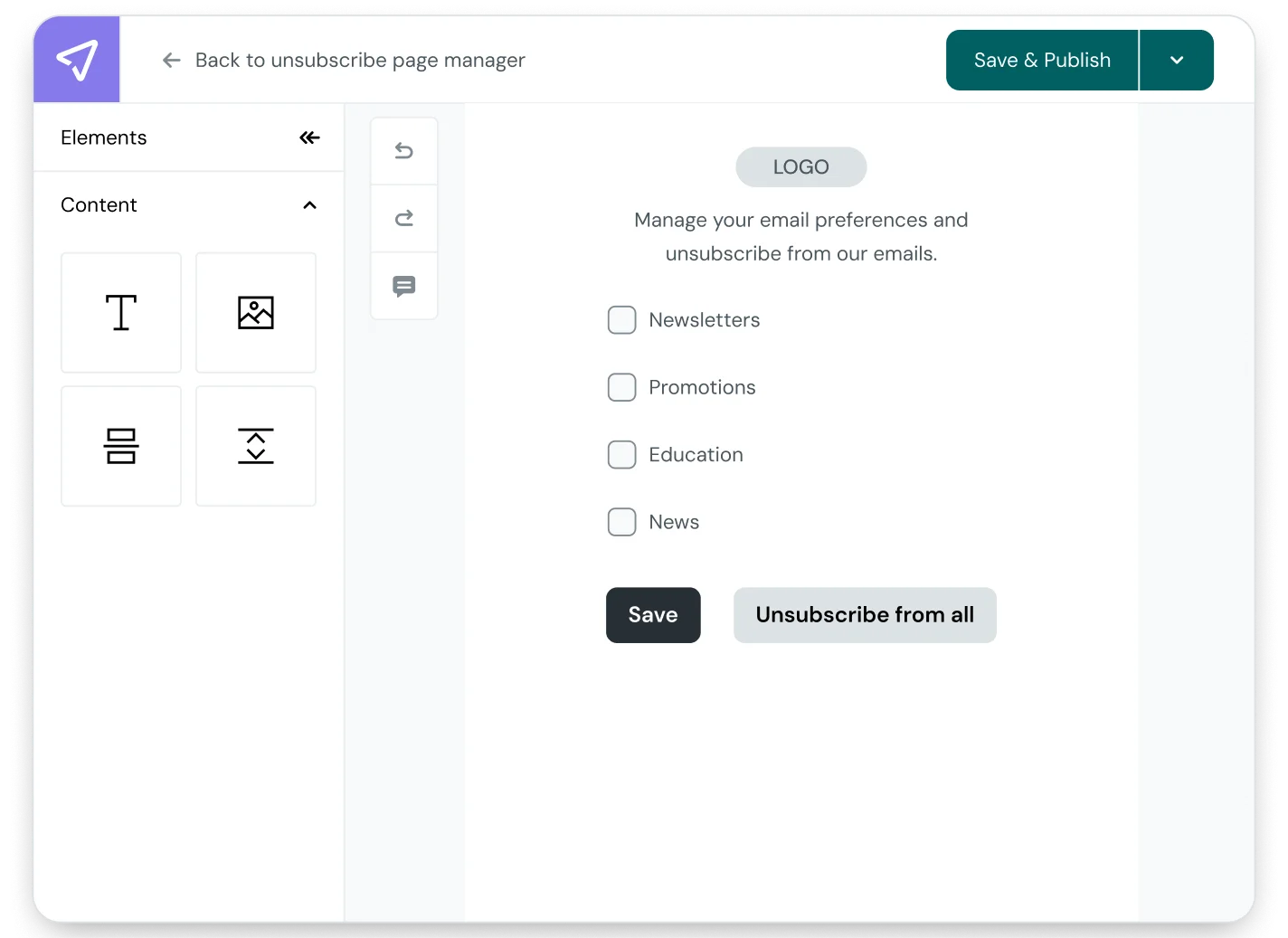 Mailjet Unsubscribe Page Manager preview showing options for Default Unsubscribe, Custom Unsubscribe, and Preference Center layouts with publish and customize buttons.