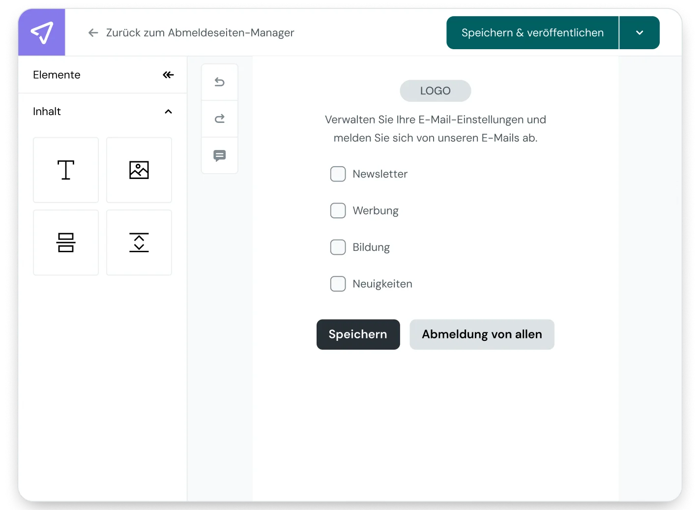 Mailjet Unsubscribe Page Manager preview showing options for Default Unsubscribe, Custom Unsubscribe, and Preference Center layouts with publish and customize buttons.