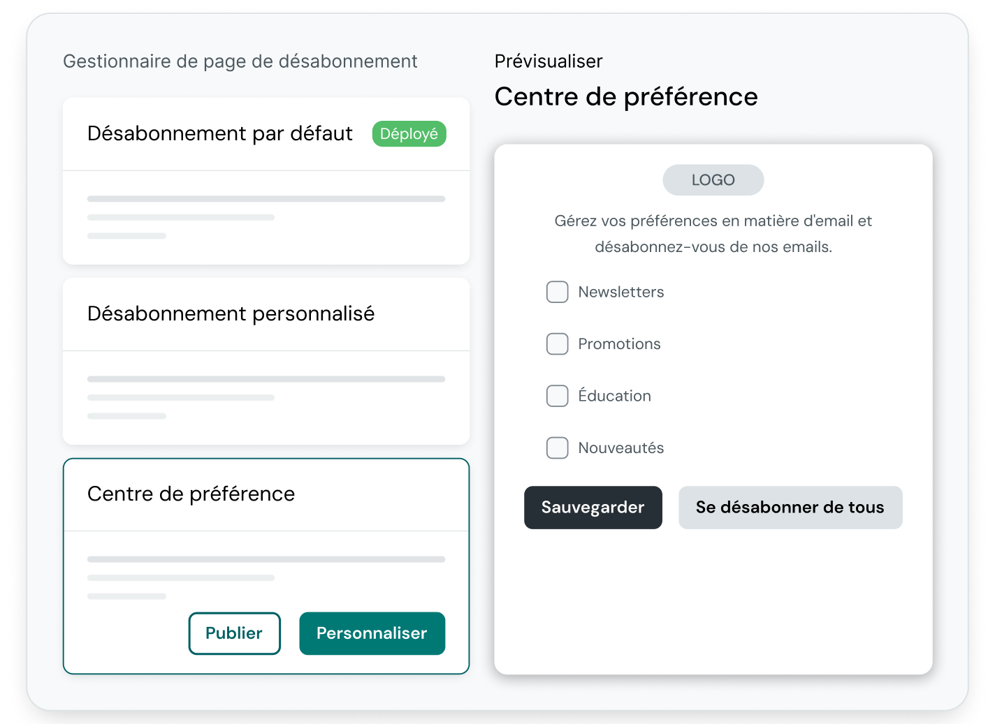 Mailjet Preference Center editor showing unsubscribe options for newsletters, promotions, education, and news emails with Save and Unsubscribe buttons.